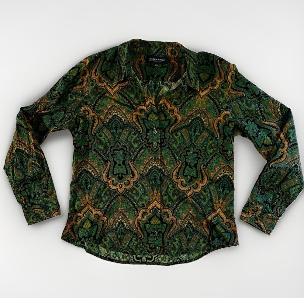 Jones New York Petite Cotton Paisley Blouse Green Ornate Botanical Top PL Office